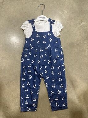 Mayoral Navy Blue Cherry-Print Overalls with White Pattern